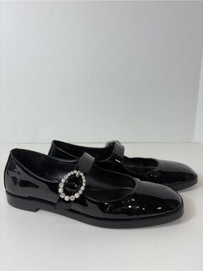 Stuart Weitzman Black Patent Mary Jane Flats Pearl Crystal Buckle 8